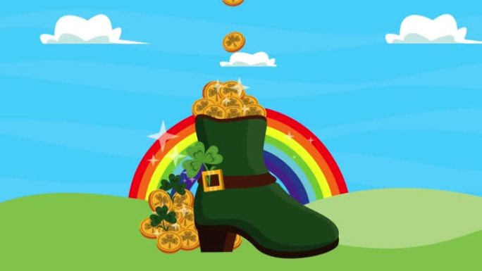 快乐圣帕特里克节靴，带硬币和彩虹场景