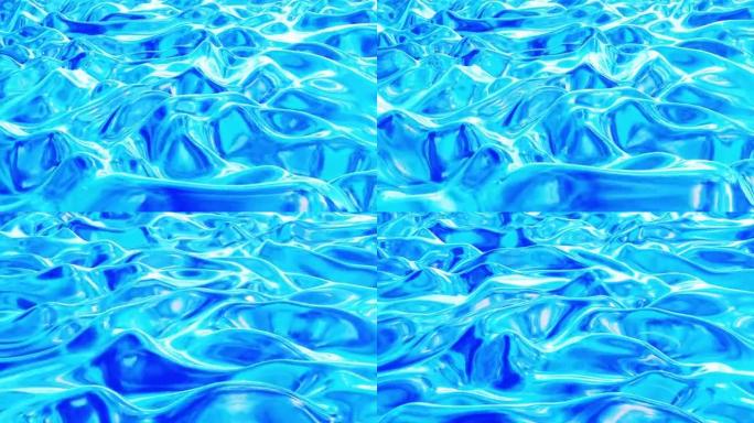 液体图案像循环运动的波。3D时尚抽象蓝色bg的波浪形表面，如明亮的液体玻璃，具有美丽的渐变颜色。4k