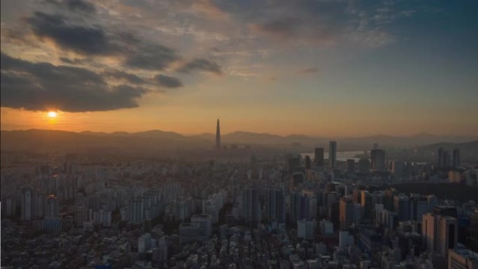首尔城市景观空中全景4k延时韩国日落天空飞行