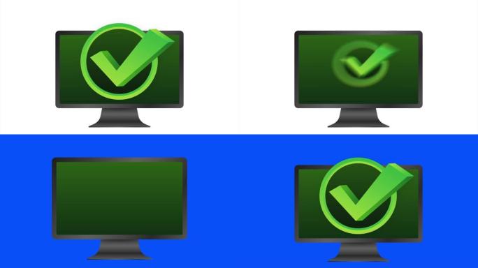 计算机与checkmark或tick通知在泡沫。批准的选择。接受或批准复选标记。插图。