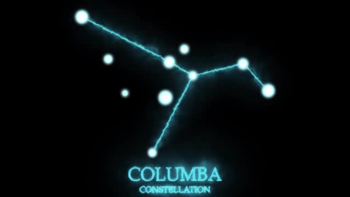 哥伦布星座。光线，激光闪耀蓝色。夜空中的星星。星系团。横向构图，4k视频质量