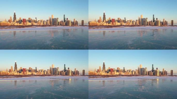 芝加哥的城市景观和来自冰冷的密歇根湖的海烟