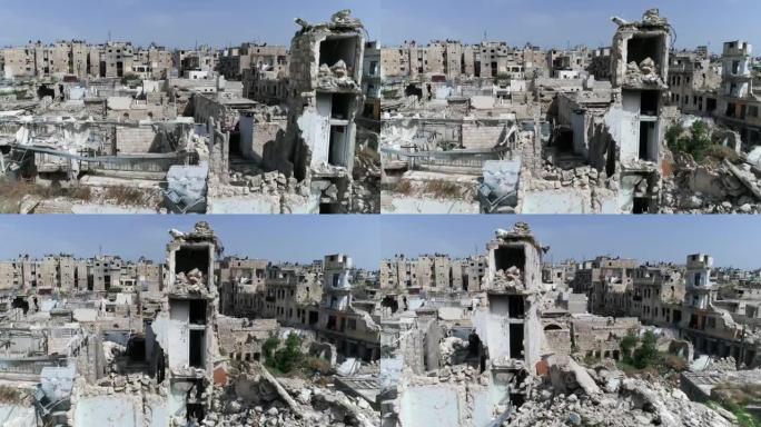 内战结束10年后，一架无人机对叙利亚阿勒颇建筑的鸟瞰图。我们可以看到4K轰炸后被摧毁的建筑废墟