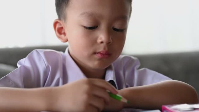 亚洲男孩用心做作业。男孩拿着铅笔写字，男孩在桌子上的白纸上画画，小学和家庭教育，远程在线教育概念。