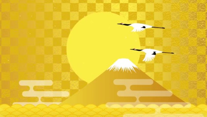 富士山、青海浪、日本鹤和日出。插图视频材料