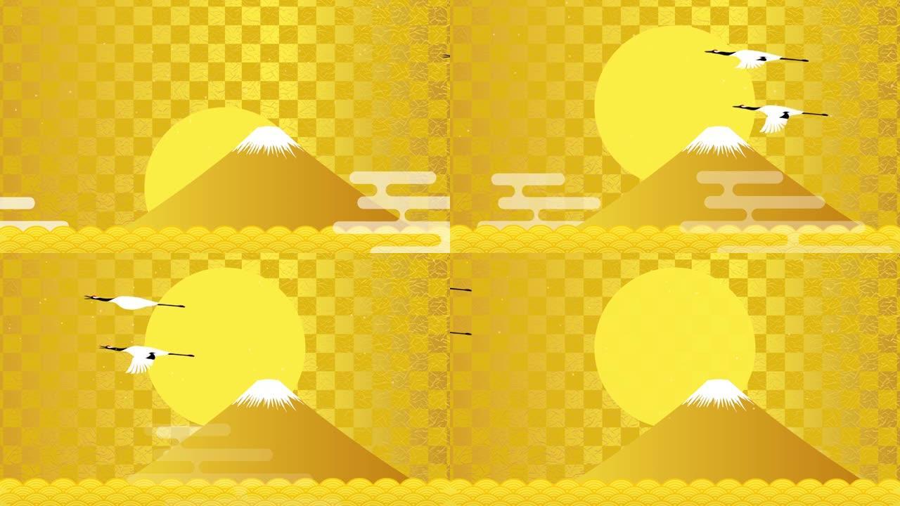 富士山、青海浪、日本鹤和日出。插图视频材料