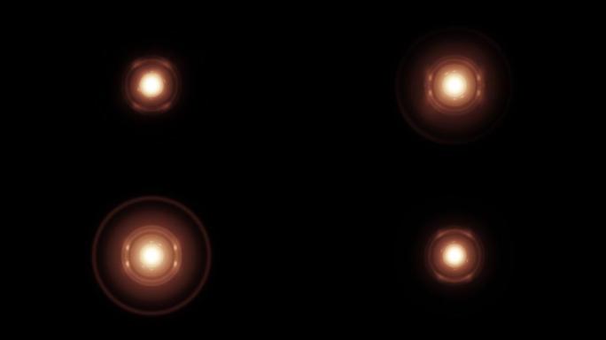 抽象中心金光学耀斑聚光灯与光环旋转运动环效应元素。4k无缝动态动态明亮闪光灯。辐射照明动画科学核。