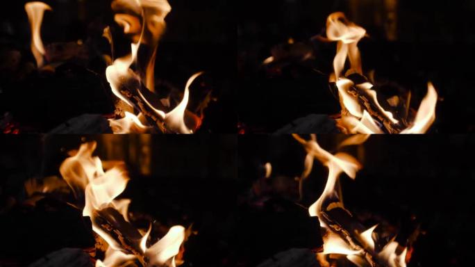 锅炉炉内黑暗背景下燃烧的木材美丽火焰的平静景象