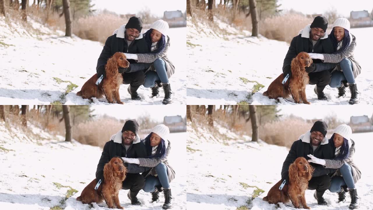 冬季与西班牙狗一起散步的非洲裔美国夫妇