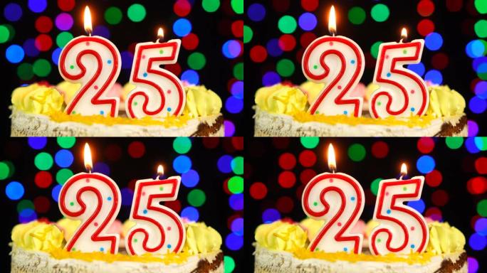 25号生日快乐蛋糕Witg燃烧蜡烛礼帽。