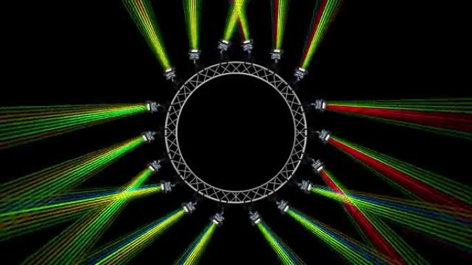 来自圆形桁架上照明灯具的光束。绿色霓虹灯闪烁并移动。表演、派对或迪斯科的动画。