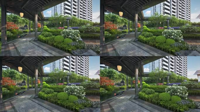 新中式连廊园林景观漫游动画