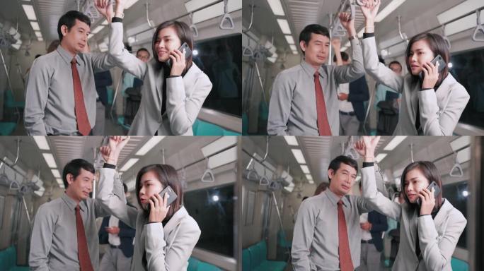 女商人在skytrain或subway上打电话给智能手机，以上班的方式运输人们多样化的生活方式数字技