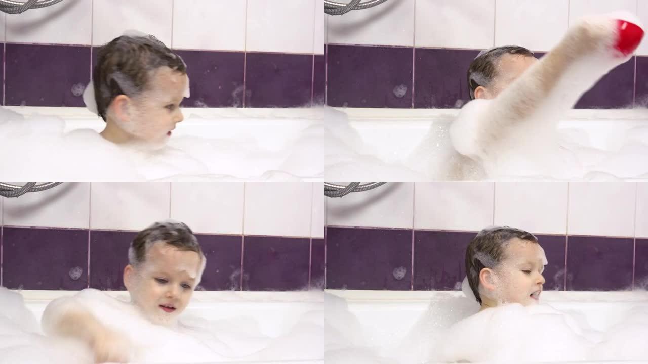 小帅哥用大量泡沫洗澡。Close-up.He玩玩具。