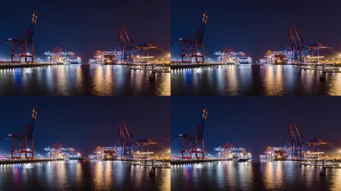 集装箱船在深海港的装卸，商业物流的低角度视图集装箱船的进出口货物运输，集装箱装载货物的货运船，时间流