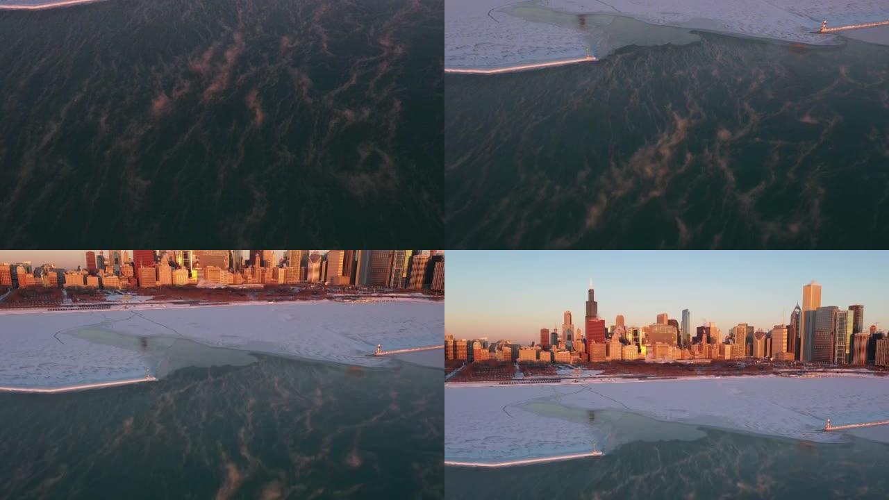 极地涡旋日出时芝加哥的戏剧性镜头