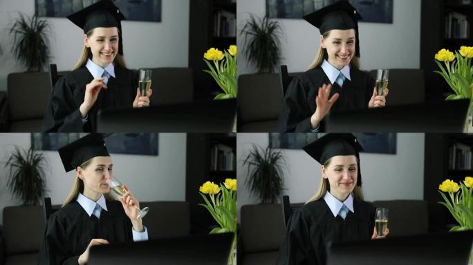 社交距离毕业派对-女性毕业生穿着礼服，在家与大学朋友在线庆祝学士学位
