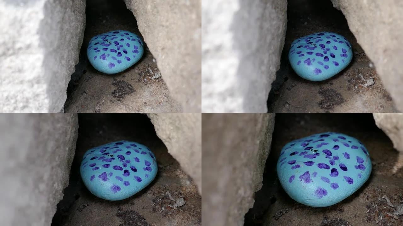 发现隐藏在大石头之间的蓝色斑点善良岩石