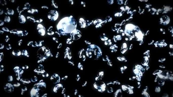 在黑色背景上飞行许多珠宝钻石。闪耀透明、珍贵的宝石。辉煌钻石旋转的3D动画。循环动画。