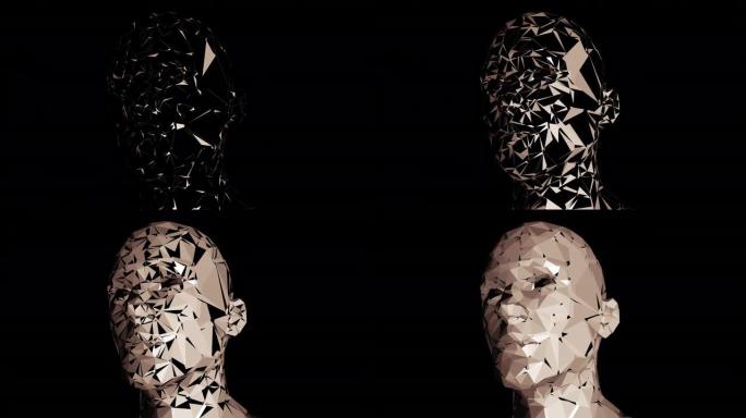 数字化概念: 时尚的抽象面孔。用多边形绘制人头的可视化。一次全部。计算机技术与人类融合。