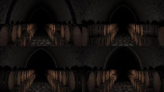 深色酒窖，长排堆放的橡木桶。