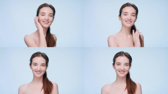 年轻女子转向相机，轻轻地触摸她柔软的皮肤