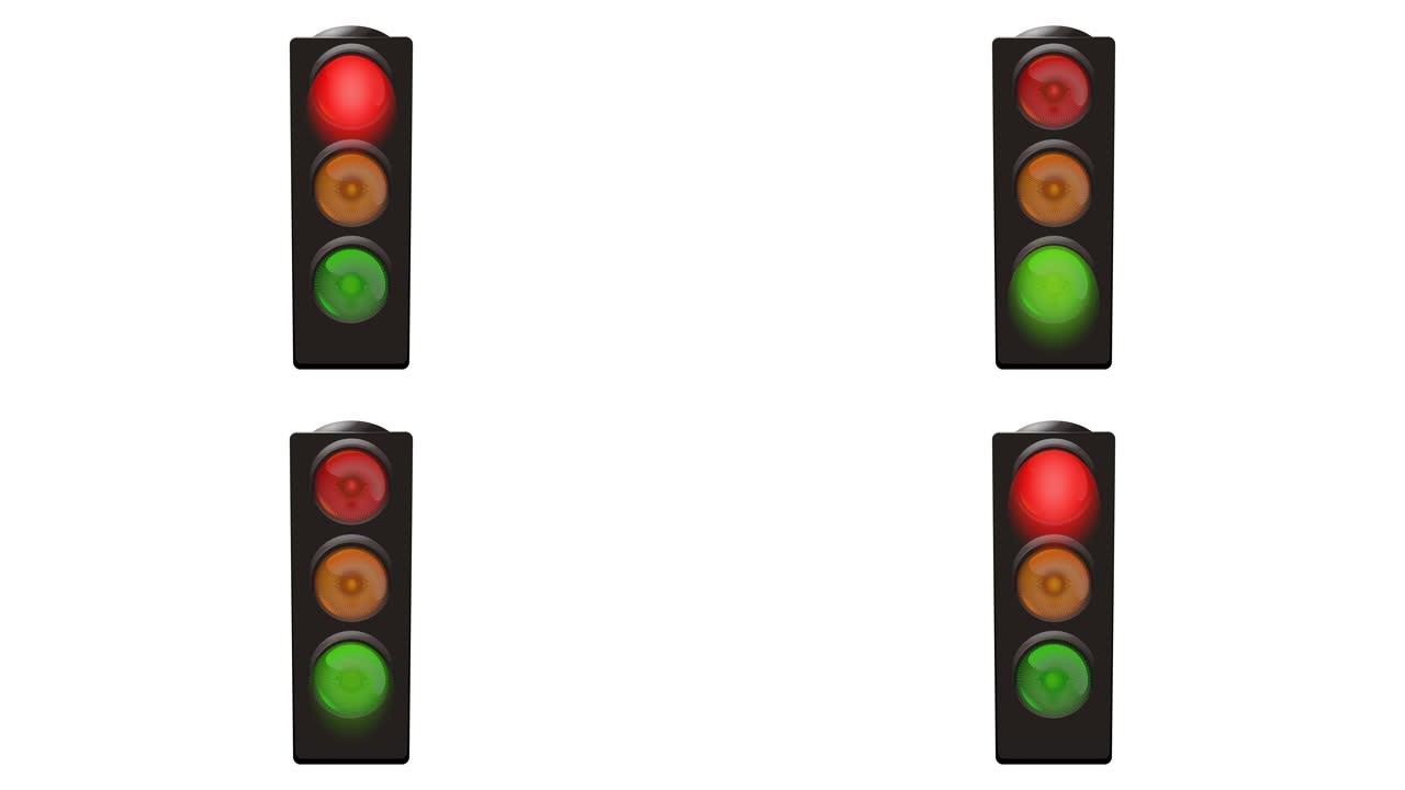 白色背景上的欧洲红色橙色和绿色三色交通灯