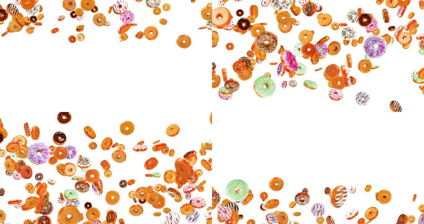 在白色背景上飞行许多彩色甜甜圈。甜甜圈蛋糕，糖果，甜点。甜甜圈旋转的3D动画。循环动画。