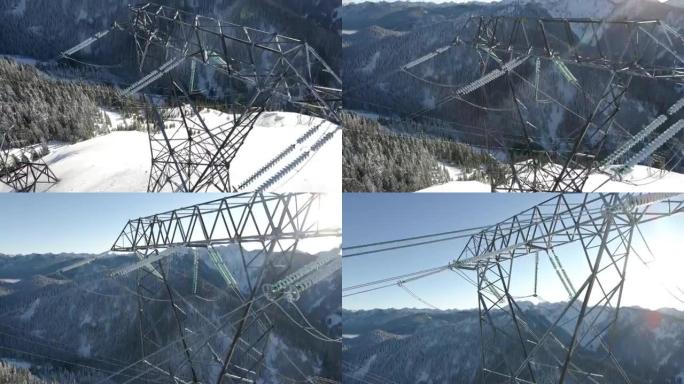 电网粉末线路在雪山鸟瞰图中传递能量
