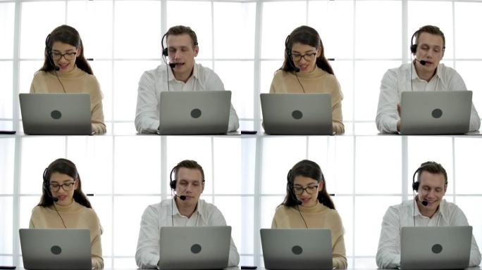 年轻的男女呼叫中心戴着耳机与笔记本电脑一起工作，同时咨询有在线问题的客户。