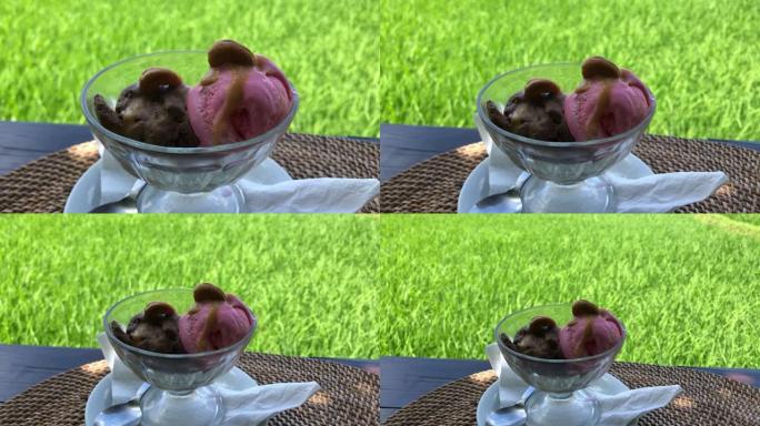 绿草背景上柳条木制底座上的花瓶中的巧克力和水果冰淇淋