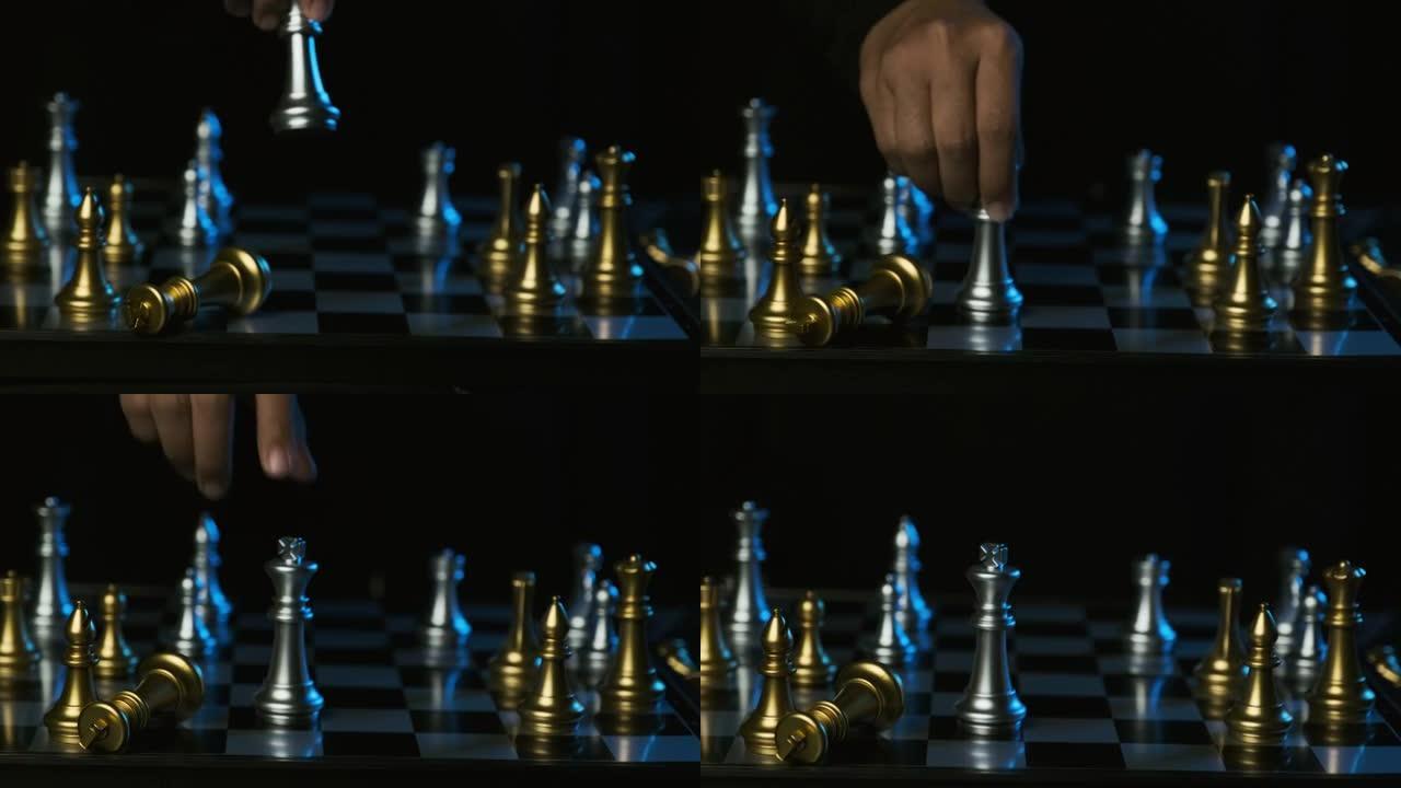 在象棋游戏，计划和策略构想中，商人移动白王击败对手的黑王的特写