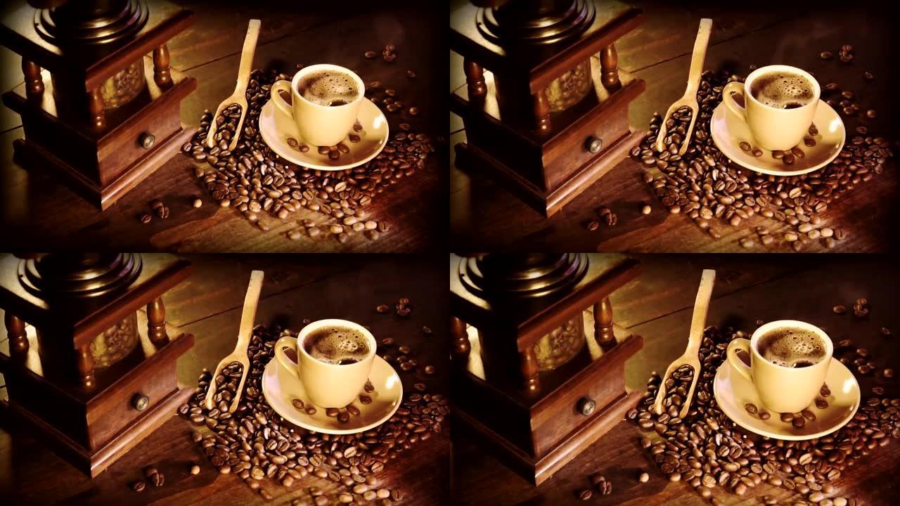 一杯煮沸的咖啡放在木桌上，配有咖啡研磨机和咖啡豆。