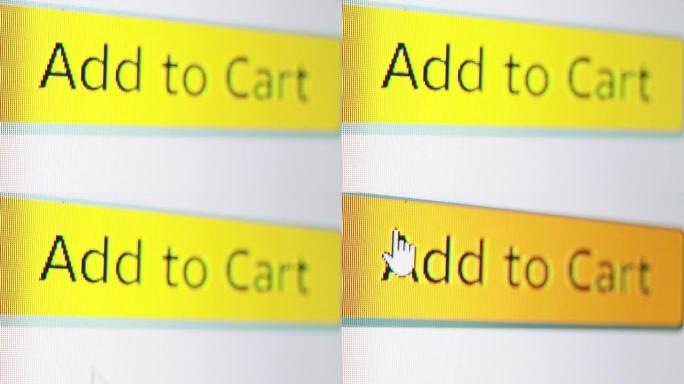 黄色题词 “添加到购物车” 特写。网上购物。网上商店。选择的困难和怀疑。全高清视频。