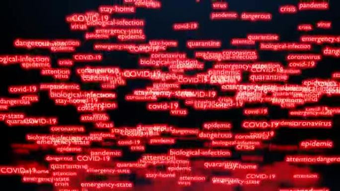 标记冠状病毒大流行主题的红色霓虹灯文本云。COVID19背景与标签词云。霓虹灯文本3d云，动画流畅。