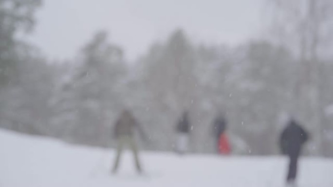 雪地里的人们正穿着滑雪板在森林里奔跑。