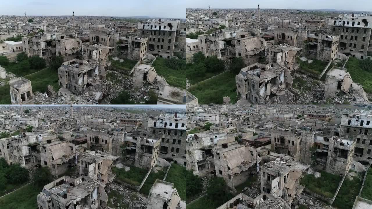 内战结束10年后，叙利亚阿勒颇上空的鸟瞰图。我们可以看到4K轰炸后的建筑废墟