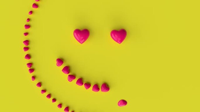 掉落的红色心脏在黄色背景上形成微笑的表情符号。3d动画