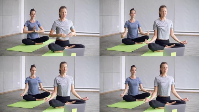 在家练习瑜伽的在线课程，两个白人女性在家学习瑜伽