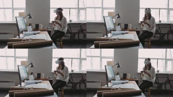 女性建筑师使用VR耳机的广角镜头，以更好地了解设计空间