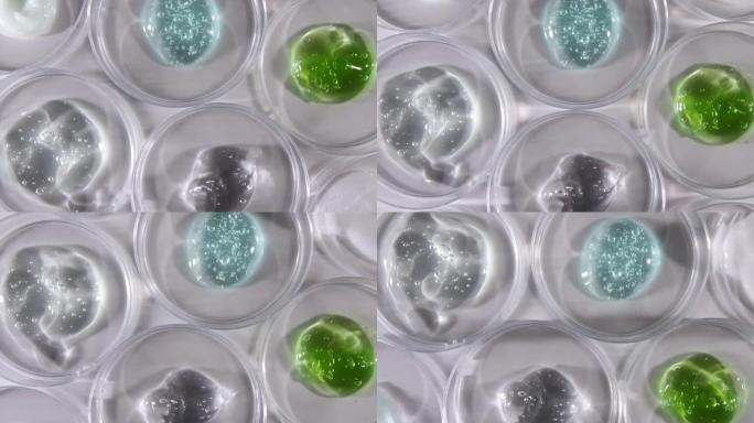培养皿与凝胶液各种细菌，组织。药物研究的概念。微生物实验室。慢动作