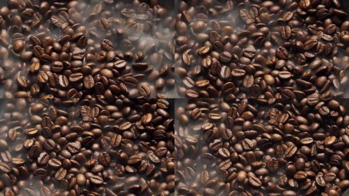 芬芳的咖啡豆在煎锅中烘烤，烟来自咖啡豆。整个构图在相机周围缓慢滚动。