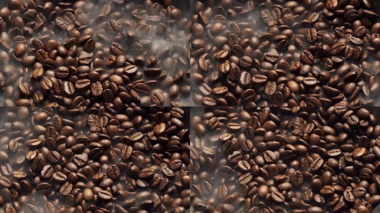 芬芳的咖啡豆在煎锅中烘烤，烟来自咖啡豆。整个构图在相机周围缓慢滚动。