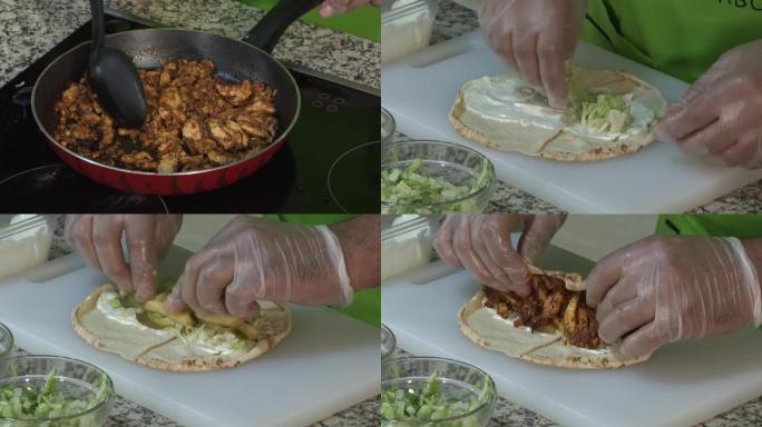将柔软的皮塔饼面包搭配蛋黄酱，制成阿拉伯风格的鸡肉沙威玛。