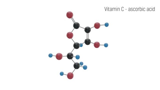 维生素c分子结构。l-抗坏血酸，抗坏血酸，抗坏血酸动画。维生素c是伟大的抗氧化剂。3d渲染。