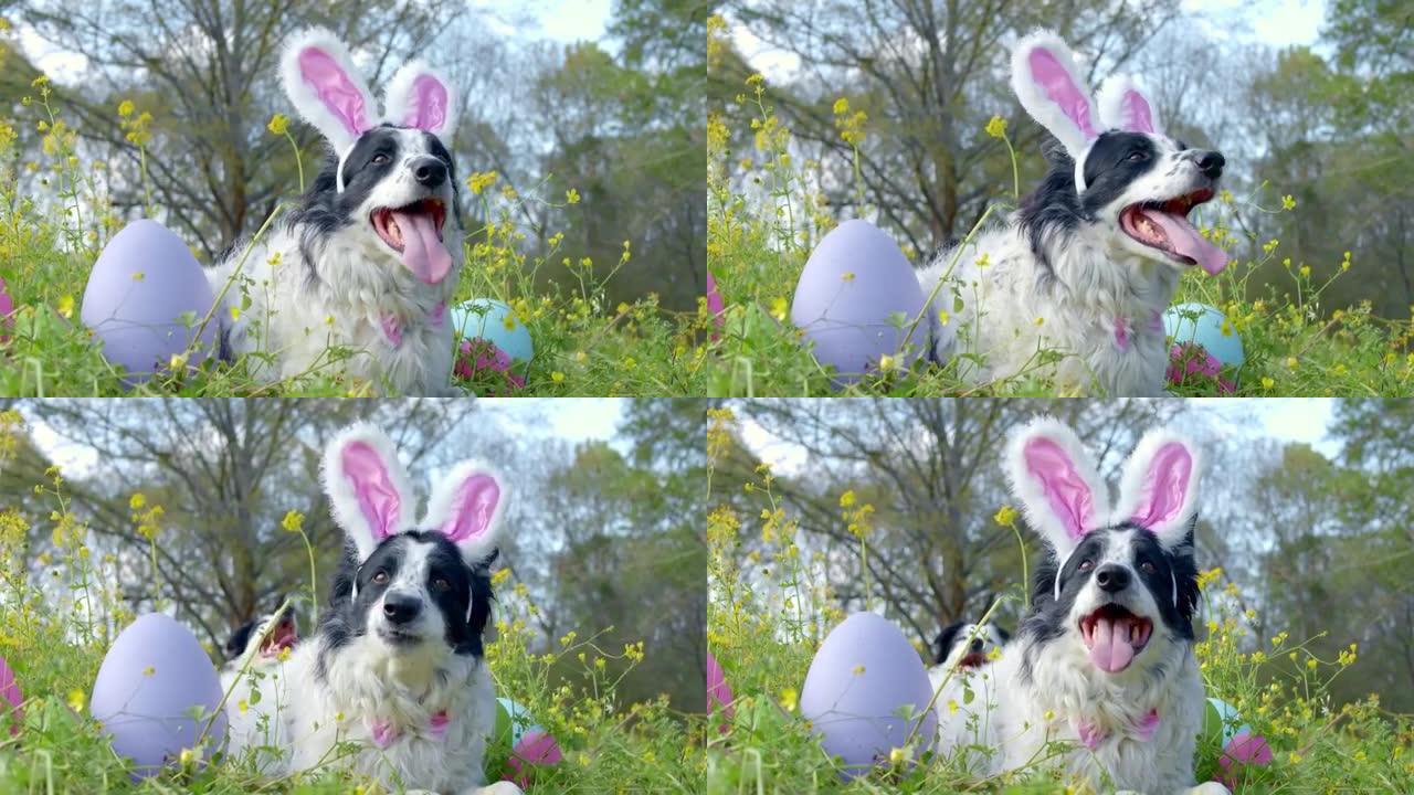 气喘吁吁的边境牧羊犬在复活节时戴着粉红色的兔子耳朵。外面铺在草地和鲜花里放复活节彩蛋。