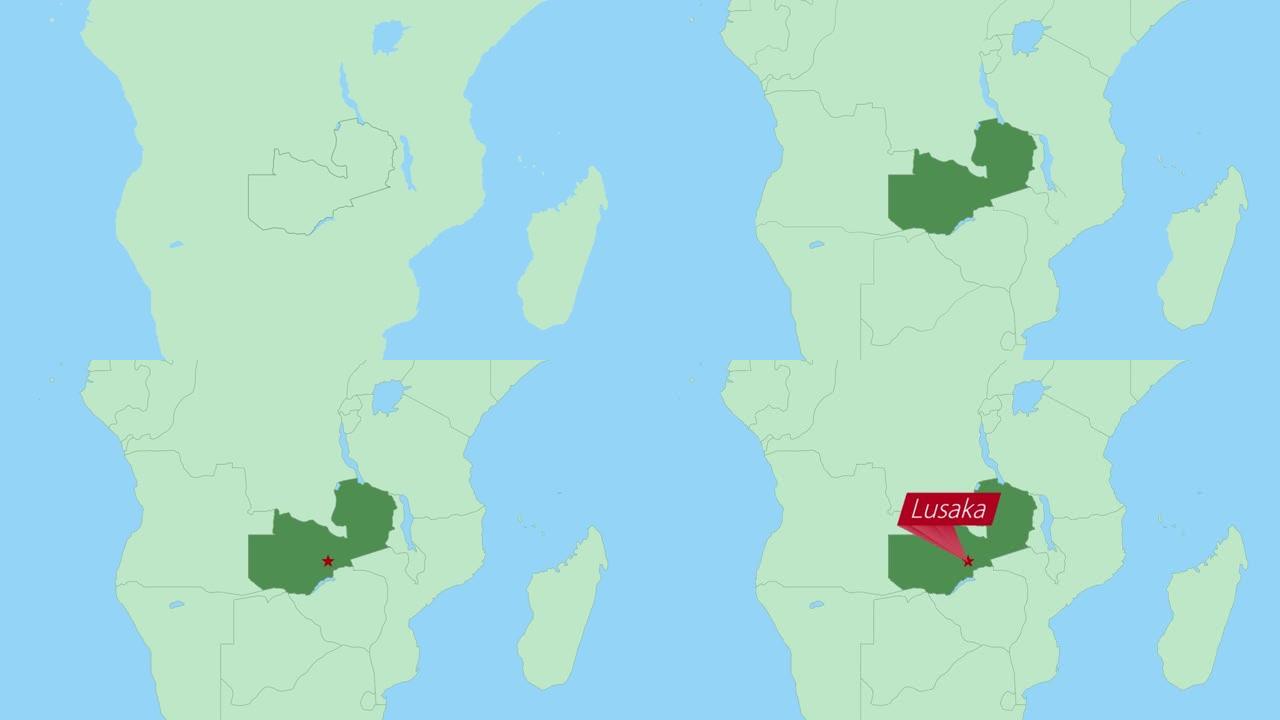 赞比亚地图，带有国家首都的pin。