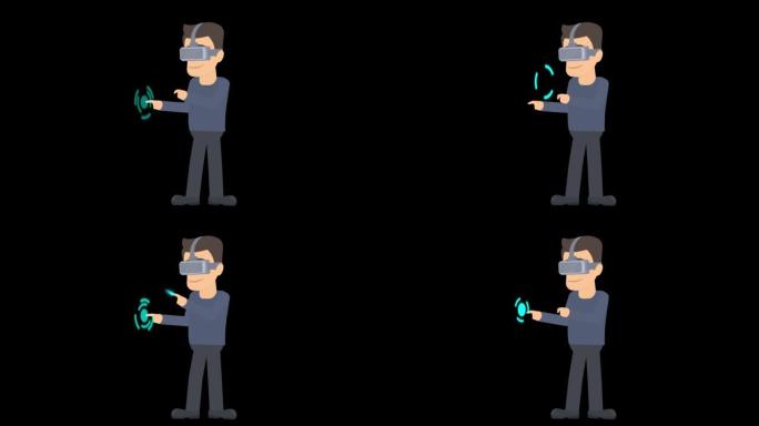 虚拟现实。虚拟现实眼镜中男人的动画。联网。卡通