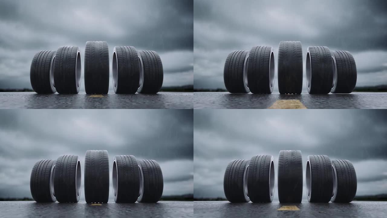 环形汽车轮胎在雨中与雷雨一起在湿沥青上滚动