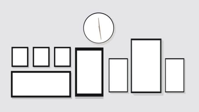 动画模拟办公室时钟挂在灰色的墙上，带有空白相框。室内时钟动画录像